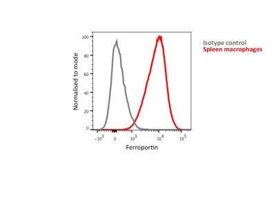 Histogram of Ferroportin/SLC40A1 staining of human spleen macrophages (red) using Ferroportin/SLC40A1 Antibody [Alexa Fluor(R) 700]. Image from verified customer review.