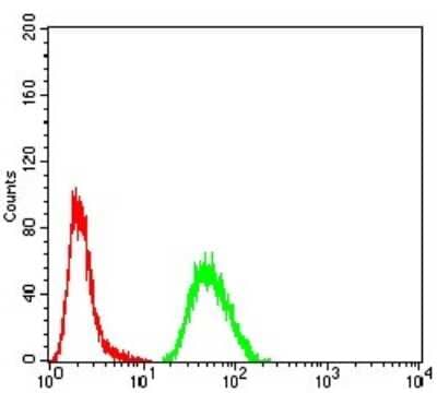 Flow Cytometry: G-CSF Antibody (8G5F7) [NBP2-52448] - Analysis of A549 cells using CSF3 mouse mAb (green) and negative control (red).