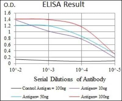 ELISA: GCNF/NR6A1 Antibody (4G8) [NBP2-37467] - Red: Control Antigen (100ng); Purple: Antigen (10ng); Green: Antigen (50ng); Blue: Antigen (100ng);