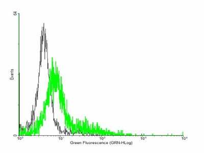 Flow Cytometry: GIT2 Antibody [H00009815-B01P] - Analysis of negative control 293 cells (Black) and GIT2 expressing 293 cells (Green) using GIT2 purified mouse polyclonal antibody.