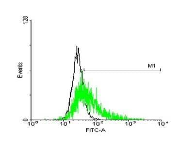 <b>Genetic Strategies Validation. </b>Flow Cytometry: GPR50 Antibody [H00009248-B01P] - Analysis of negative control 293 cells (Black) and GPR50 expressing 293 cells (Green) using GPR50 purified mouse polyclonal antibody.