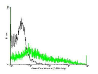 Flow Cytometry: GPR56 Antibody [H00009289-B01P] - Analysis of negative control 293 cells (Black) and GPR56 expressing 293 cells (Green) using GPR56 purified mouse polyclonal antibody.