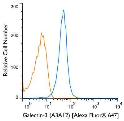 Flow Cytometry: Galectin-3 Antibody (A3A12) [Alexa Fluor 647] [NB300-538AF647] - An intracellular stain was performed on HT-29 cells with Galectin-3 (A3A12) antibody NB300-538AF647 (blue) and a matched isotype control NBP1-97005AF647 (orange). Cells were fixed with 4% PFA and then permeablized with 0.1% saponin. Cells were incubated in an antibody dilution of 5 ug/mL for 30 minutes at room temperature. Both antibodies were conjugated to Alexa Fluor 647.