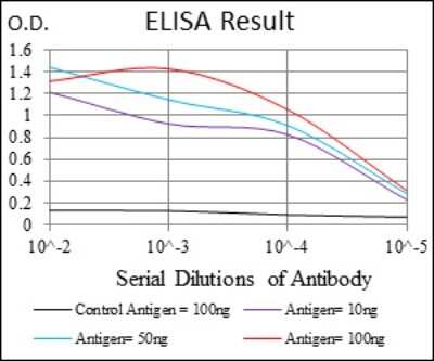 ELISA: Glucose 6 Phosphate Dehydrogenase Antibody (2H7) - Azide and BSA Free [NBP2-80752] - Red: Control Antigen (100ng), Purple: Antigen (10ng), Green: Antigen (50ng), Blue: Antigen (100ng). Image from the standard format of this antibody.