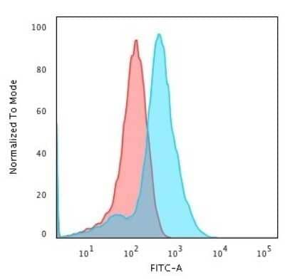 Flow Cytometry: Glypican 3 Antibody (1G12) - Azide and BSA Free [NBP2-47760] - Flow Cytometric Analysis of MeOH-fixed HepG2 cells using Glypican 3 Antibody (1G12) followed by Goat anti- Mouse- IgG-CF488 (Blue); Isotype Control (Red).