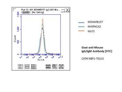 Flow Cytometry: Goat anti-Mouse IgG/IgM (H+L) Secondary Antibody [NBP1-75210] - Human cancer cells stained with mouse antibody and this secondary antibody was used for detection and also as a negative control. Image from verified customer review. Image using the FITC form of this antibody.