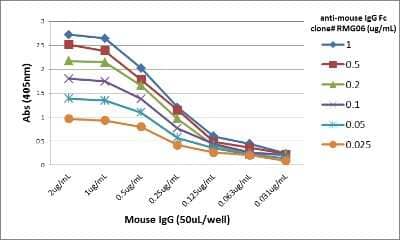 ELISA: IgG Fc Antibody (RMG06) [Biotin] [NBP2-62017B] - A titer ELISA of mouse IgG. The plate was coated with different amounts of mouse IgG. A serial dilution of NBP2-62017B was used as the primary antibody. An alkaline phosphatase conjugated anti-goat IgG as the secondary antibody.