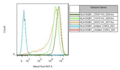 Flow Cytometry: HLA DQW1 Antibody (Genox 3.53) [NB100-2702] - Human lymphoblastoid cell lines. Image from verified customer review. Analysis using the Alexa Fluor (R) 647 conjugated antibody.