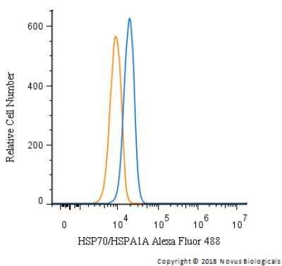 Flow Cytometry: HSP70/HSPA1A Antibody [Alexa Fluor® 488] [NBP1-77455AF488] - An intracellular stain was performed on Jurkat cells with HSP70/HSPA1A Antibody NBP1-77455AF488 (blue) and a matched isotype control (orange). Cells were fixed with 4% PFA and then permeablized with 0.1% saponin. Cells were incubated in an antibody dilution of 10 ug/mL for 30 minutes at room temperature. Both antibodies were conjugated to Alexa Fluor 488.