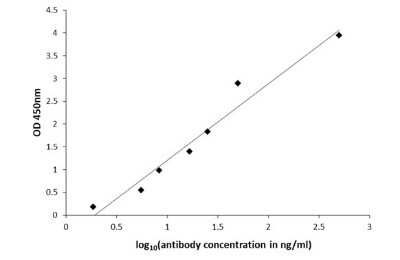 ELISA: Histamine Antibody [NBP3-13403] - ELISA plate is coated with 100 uL of Histamine-carrier protein conjugate at 10 ug/mL. The coated ligand is detected with Histamine antibody (NBP3-13403) at concentrations ranging from 440 ng/mL down to 1.6 ng/mL. Rabbit IgG antibody (HRP) (NBP2-19301) is diluted at 1:2,000 and used to detect the primary antibody.