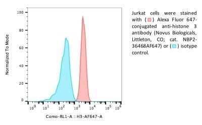 Flow Cytometry: Histone H3 Antibody (1B1-B2) - Azide and BSA Free [NBP2-80770] - Analysis using Alexa Fluor (R) 647 conjugate of NBP2-36468. Jurkat cells stained with Alexa Fluor 647 conjugated Histone H3 antibody (red) or isotype control (blue). Flow cytometry image submitted by a verified customer review.