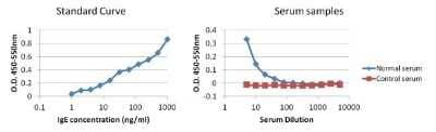 ELISA: Human IgE Antibody (F4-16) [NBP1-78578] - Direct ELISA analysis of human IgE was performed by coating wells of a 96-well plate with100ul per well of human IgE, IgM, IgA, or IgG, diluted in carbonate/bicarbonate buffer at concentrations ranging from 5-5000ng/ml, and incubating overnight at 4C. The plate was washed and blocked with StartingBlock T20 (TBS) Blocking Buffer for at least 30 minutes at room temperature, and then incubated with 100ul per well of a human IgE monoclonal antibody at a concentration of 1ug/ml for 1 hour at room temperature. The plate was washed, and incubated with 100ul per well of an HRP-conjugated goat anti-mouse IgG Fc secondary antibody at a dilution of 1:8000 for at least 30 minutes at room temperature. Detection was performed by adding 100ul per well of 1-Step Ultra TMB substrate and incubating for a few minutes at room temperature. The reactions were then stopped with TMB Stop Solution. Absorbances were read on a spectrophotometer at 450-550nm.