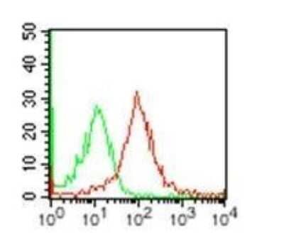 Flow Cytometry: IL-27R alpha/WSX-1/TCCR Antibody (34N4G11) - Azide and BSA Free [NBP2-80807] - Surface staining on human peripheral blood monocytes using IL-27R antibody at 1 ug/10^6 cells (red represents specific antibody and green represents isotype control). APC-conjugated goat anti-mouse Ig F(ab')2 secondary antibody , CS flow kit and an FcR block were used for this test. Image from the standard format of this antibody.