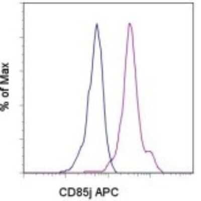 Flow Cytometry: ILT2/CD85j/LILRB1 Antibody (HP-F1) [NBP1-42998] - Staining of normal human peripheral blood cells with Mouse IgG1 K Isotype Control APC (blue histogram) or Anti-Human CD85j (ILT2) APC (purple histogram). Cells in the monocyte gate were used for analysis.