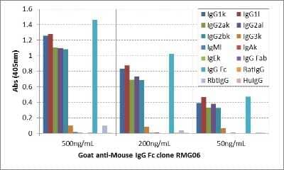 ELISA: IgG Fc Antibody (RMG06) [Unconjugated] [NBP2-62017] - ELISA of mouse immunoglobulins shows NBP2-62017 reacts to the Fc region of mouse IgG1, IgG2a, and IgG2b, and very slightly to IgG3; no cross reactivity with IgM, IgA, IgE, human IgG, rat IgG, and rabbit IgG. The plate was coated with different immunoglobulins. NBP2-62017 was used as the primary antibody. An alkaline phosphatase conjugated anti-goat IgG as the secondary antibody.