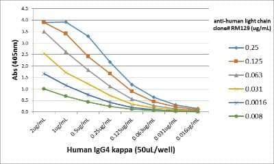 ELISA: Ig Light Chain Antibody (RM129) [NBP2-77396] - A titer ELISA using NBP2-77396. The plate was coated with different amounts of human IgG4 kappa. A serial dilution of NBP2-77396 was used as the primary antibody, followed by an alkaline phosphatase conjugated anti-rabbit IgG as the secondary antibody.