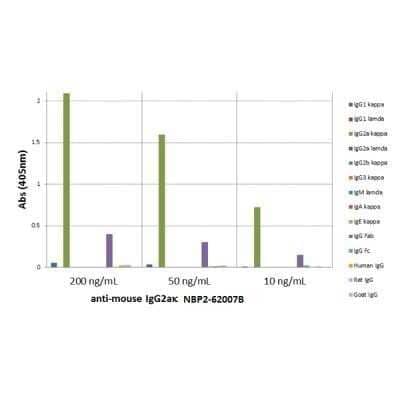 ELISA: IgG2a Kappa Antibody (RM107) [Unconjugated] [NBP2-62007] - ELISA of mouse immunoglobulins shows NBP2-62007 reacts to the Fab region of mouse IgG2ak; no cross reactivity with IgG2al, IgG1, IgG3, IgM, IgA, IgE, human IgG, rat IgG, or goat IgG. The plate was coated with different immunoglobulins. NBP2-62007 was used as the primary antibody. An alkaline phosphatase conjugated anti-rabbit IgG as the secondary antibody.