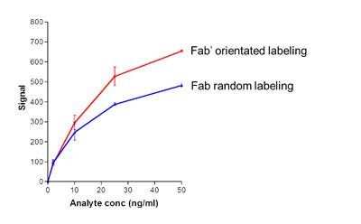Lateral Flow Assay: InnovaCoat GOLD - 40nm Midi Maleimide Antibody Labeling Kit [270-0015] - Lateral flow assay demonstrates increased performance of orientated (Fab'-InnovaCoat GOLD-Maleimide) vs. random (Fab-InnovaCoat GOLD) labeling. All components of the lateral flow assay are identical with the exception of the method used to conjugate the Fab' to InnovaCoat GOLD-Maleimide or Fab to InnovaCoat GOLD. Fab and Fab' fragments were derived from the same antibody.