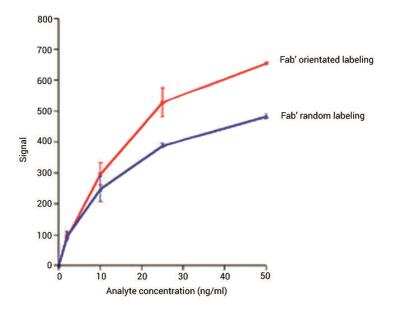 InnovaCoat® Gold - 10nm Midi Maleimide Antibody Labeling Kit - Lateral flow assay demonstrates increased performance of orientated (Fab'-InnovaCoat® GOLD-Maleimide) vs. random (Fab-InnovaCoat® GOLD) labeling. All components of the lateral flow assay are identical with the exception of the method used to conjugate the Fab' to InnovaCoat® GOLD-Maleimide or Fab to InnovaCoat® GOLD. Fab and Fab' fragments were derived from the same antibody.