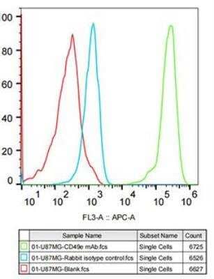 Flow Cytometry: Integrin alpha 5/CD49e Antibody (8F2O6) [NBP3-15645] -  U-87MG cells were stained with Rabbit IgG isotype control (AC042, 10 ug/ml, blue line) or Integrin alpha 5 (ITGA5/CD49e) Rabbit mAb (5 ug/ml green line), followed by Alexa Fluor 647 conjugated goat anti-rabbit pAb(1:600 dilution) staining. Non-fluorescently stained U-87MG cells were used as blank control (red line).