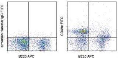 Flow Cytometry: Integrin alpha 5/CD49e Antibody (HMa5-1) [FITC] [NBP1-44001] - Staining of BALB/c bone marrow cells with Anti-Human/Mouse CD45R (B220) APC and 0.25 micrograms of Armenian Hamster IgG Isotype Control FITC (left) or 0.5 micrograms of Anti-Mouse/Rat CD49e (Integrin a5) FITC (right). Total viable cells were used for analysis.