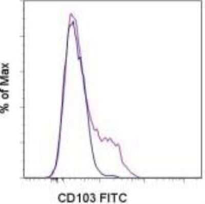 Flow Cytometry: Integrin alpha E/CD103 Antibody (B-Ly7) [NBP1-43370] - Analysis using the FITC conjugate of NBP1-43370. Staining of 3-day PHA-stimulated normal human peripheral blood cells with Mouse IgG1 kappa Isotype Control FITC (blue histogram) or Anti-Human CD103 (Integrin alpha E) FITC (purple histogram).