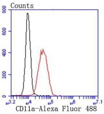 Flow Cytometry: Integrin alpha L/CD11a Antibody (SC56-01) [NBP2-67551] - Analysis of K562 cells with CD11a antibody at 1/50 dilution (red) compared with an unlabelled control (cells without incubation with primary antibody; black). Alexa Fluor 488-conjugated goat anti rabbit IgG was used as the secondary antibody.