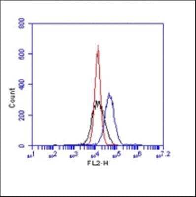 Flow Cytometry: Integrin alpha V beta 3 Antibody (BV3) [NBP3-11213] - HUVEC cells were incubated with 2ug/ml NBP3-11213 for 1h at 4C. Black: isotype control mouse IgG1, Red: cells only, Blue: NBP3-11213.