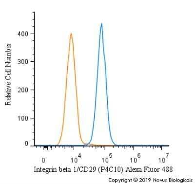 Flow Cytometry: Integrin beta 1/CD29 Antibody (P4C10) - Azide and BSA Free [NBP2-80818] - A surface stain was performed on HeLa cells with Integrin beta 1/CD29 [P4C10] Antibody NBP2-36561AF488 (blue) and a matched isotype control (orange). Cells were incubated in an antibody dilution of 5 ug/mL for 20 minutes at room temperature. Both antibodies were directly conjugated to Alexa Fluor 488.