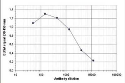 ELISA: JMJD2B Antibody [NBP2-59196] - To determine the titer, an ELISA was performed using a serial dilution of the antibody directed against human JMJD2b . The wells were coated with the peptide used for immunisation of the rabbit. By plotting the absorbance against the antibody dilution, the titer of the antibody was estimated to be 1:3,000.
