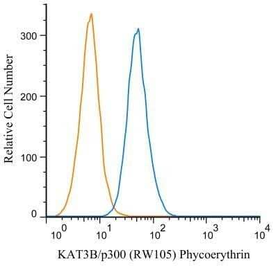 Flow Cytometry: KAT3B/p300 Antibody (RW105) - Azide and BSA Free [NBP2-80820] - An intracellular stain was performed on RAW 246.7 cells with KAT3B/p300 antibody (RW105) NB100-616PE (blue) and a matched isotype control NBP2-27287PE (orange). Cells were fixed with 4% PFA and then permeablized with 0.1% saponin. Cells were incubated in an antibody dilution of 2 ug/mL for 30 minutes at room temperature. Both antibodies were directly conjugated to Phycoerythrin. Image using the PE format of this antibody. Image from the standard format of this antibody.