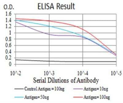 ELISA: KDM2B Antibody (3B7D11) [NBP2-52466] - Black line: Control Antigen (100 ng); Purple line: Antigen(10ng); Blue line: Antigen (50 ng); Red line: Antigen (100 ng).