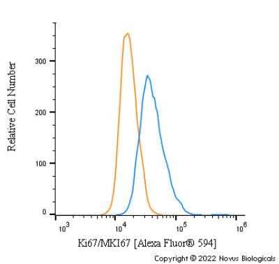 Flow Cytometry: Ki67/MKI67 Antibody [Alexa Fluor® 594] [NB500-170AF594] - An intracellular stain was performed on U-251 MG cells with Ki67/MKI67 Antibody NB500-170AF594 (blue) and a matched isotype control NBP2-24891 (orange). Cells were fixed with 4% PFA and then permeabilized with 0.1% saponin. Cells were incubated in an antibody dilution of 2.5 ug/mL for 30 minutes at room temperature.  Both antibodies were conjugated to Alexa Fluor 594.