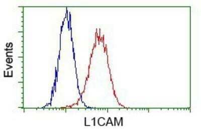 Flow Cytometry: L1CAM Antibody (OTI2A6) - Azide and BSA Free [NBP2-71097] - Analysis of Hela cells, using anti-L1CAM antibody, (Red) compared to a nonspecific negative control antibody (Blue).