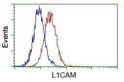 Flow Cytometry: L1CAM Antibody (OTI2A6) - Azide and BSA Free [NBP2-71097] - Analysis of Jurkat cells, using anti-L1CAM antibody, (Red) compared to a nonspecific negative control antibody (Blue).