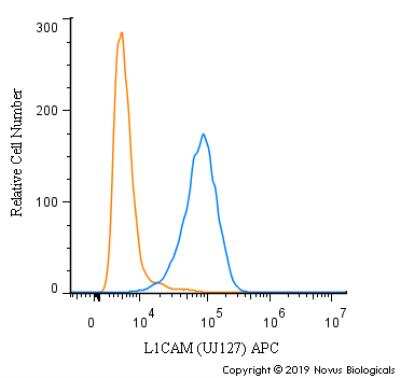 Flow Cytometry: L1CAM Antibody (UJ127) [Allophycocyanin] [NBP2-34505APC] - An intracellular stain was performed on HeLa cells with L1CAM Antibody [UJ127] NBP2-34505APC (blue) and a matched isotype control (orange). Cells were fixed with 4% PFA and then permeabilized with 0.1% saponin. Cells were incubated in an antibody dilution of 1 ug/mL for 30 minutes at room temperature. Both antibodies were conjugated to Allophycocyanin.