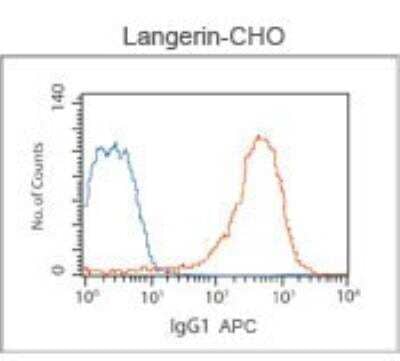 Flow Cytometry: Langerin/CD207 Antibody (310F7.02) [Allophycocyanin] [DDX0361APC] - Intracellular flow analysis of Langerin in stably transfected CHO using Langerin antibody at 1ug/ml. Blue histogram represents isotype control (1ug/ml), red histogram is anti-Langerin. Total viable cells were used for analysis.