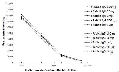 Lightning-Link® Fluorescein Antibody Labeling Kit - Goat anti Rabbit labeled with Lightning-Link® Fluorescein at 10 ug, 100 ug, 1mg, 10mg and 100mg single reaction vials tested with Rabbit IgG in a direct ELISA. 1mg/ml conjugates were diluted down 1:100, 1:400, 1:1,600 and 1:6,400 and fluorescence intensity was measured (Ex: 490nm Em: 535nm).