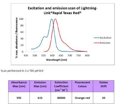 Lightning-Link Rapid Texas Red Antibody Labeling Kit [315-0010] - Texas Red is a red fluorescent dye, used in histology, fluorescence microscopy applications and immunohistochemistry. It has a strong absorption at 595nm, a high fluorescence at 615nm (extinction coefficient 8.0 x10^4 cm^-1 M^-1) and high quantum yield.