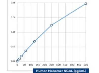ELISA: Lipocalin-2/NGAL Antibody (5G5) - BSA Free [NBP2-23529] - The calibration curve of a sandwich assay for monomer human NGAL using NBP2-23529 as the capture antibody and NBP2-41365B as the biotinylated detection antibody(1).