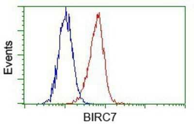 Flow Cytometry: Livin Antibody (OTI1D12) - Azide and BSA Free [NBP2-72206] - Analysis of Hela cells, using anti-Livin antibody, (Red) compared to a nonspecific negative control antibody (Blue).