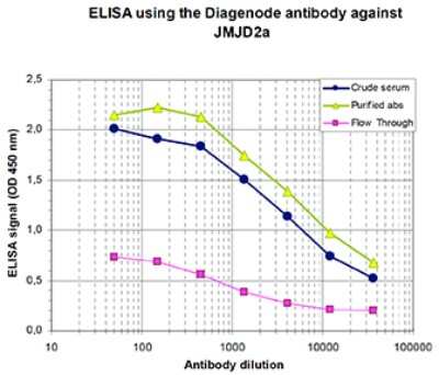 ELISA: Lysine (K)-specific Demethylase 4A/KDM4A/JMJD2A Antibody [NBP3-18688] - Figure 1. Determination of the antibody titer To determine the titer of the antibody, an ELISA was performed using a serial dilution of the antibody directed against human Lysine (K)-specific Demethylase 4A/KDM4A/JMJD2A , crude serum and flow through. The plates were coated with the peptide used for immunization of the rabbit. By plotting the absorbance against the antibody dilution (Figure 1), the titer of the antibody was estimated to be 1:9,000.