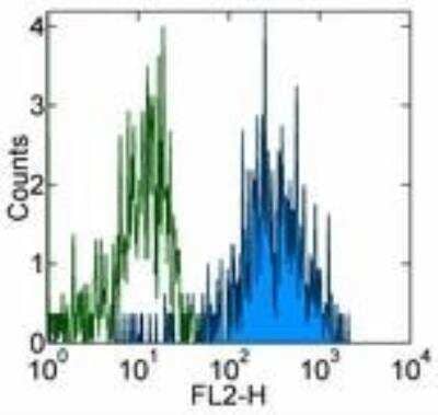 Flow Cytometry: M-CSF R/CD115 Antibody (12-3A3-1B10) [Biotin] [NBP1-43591] - Staining of normal human peripheral blood cells with 0.06 ug of Rat IgG2b K Isotype Control Biotin (open histogram) or 0.06 ug of Anti-Human CD115 (c-fms) Biotin (filled histogram) followed by Streptavidin PE . Cells in the monocyte gate were used for analysis.