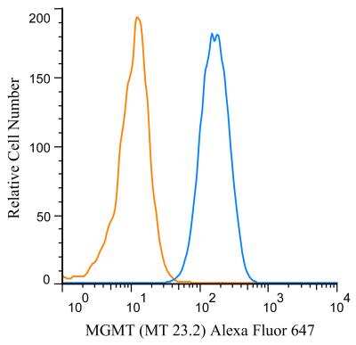 Flow Cytometry: MGMT Antibody (MT 23.2) [Alexa Fluor 647] [NB100-168AF647] - An intracellular stain was performed on Raji cells with MGMT Antibody (MT 23.2) antibody NB100-168AF647 (blue) and a matched isotype control NBP2-27231AF647 (orange). Cells were fixed with 4% PFA and then permeablized with 0.1% saponin. Cells were incubated in an antibody dilution of 2 ug/mL for 30 minutes at room temperature. Both antibodies were conjugated to Alexa Fluor 647.