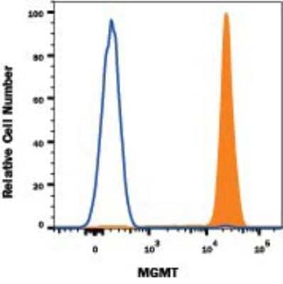 Flow Cytometry: MGMT Antibody (MT 23.2) - Azide and BSA Free [NBP2-80847] - Detection of MGMT in Human Jurkat Cell Line by Flow Cytometry. Human Jurkat cell line was stained with Mouse Anti- MGMT Monoclonal Antibody (Catalog # NB100-168, filled histogram), or Mouse IgG2B isotype control (Catalog # MAB0041, open histogram) followed by APC-conjugated Anti-Mouse IgG Secondary Antibody (Catalog # F0101B). To facilitate intracellular staining, cells were fixed with FlowX FoxP3 Fixation & Permeabilization Buffer Kit (Catalog # FC012). Images may not be copied, printed or otherwise disseminated without express written permission of Novus Biologicals a Bio-Techne brand. Image from the standard format of this antibody.
