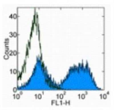 Flow Cytometry: MHC Class II Antibody (M5/114.15.2) [NBP1-43312] - Staining of C57BL/6 splenocytes with 0.06 ug of Rat IgG2b K Isotype Control Purified (cat. NBP1-43323) (open histogram) or 0.06 ug of Anti-Mouse MHC Class II (I-A/I-E) Purified (filled histogram) followed by Anti-Rat IgG FITC (cat. NBP1-69751). Total viable cells were used for analysis.