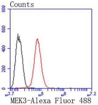 Flow Cytometry: MKK3/MEK3 Antibody (SD20-93) [NBP2-67747] - Flow cytometric analysis of Hela cells with MKK3/MEK3 antibody at 1/50 dilution (red) compared with an unlabeled control (cells without incubation with primary antibody; black). Alexa Fluor 488-conjugated goat anti rabbit IgG was used as the secondary antibody