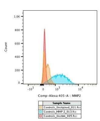Flow Cytometry: MMP-2 Antibody (2C1) - (Pro and Active) - Azide and BSA Free [NBP2-80853] - CD4+ T cells were activated for 24h before being fixed and permeabilized to detect MMP-2. Image using the Alexa Fluor 405 form of this antibody. Image from verified customer review. Image from the standard format of this antibody.