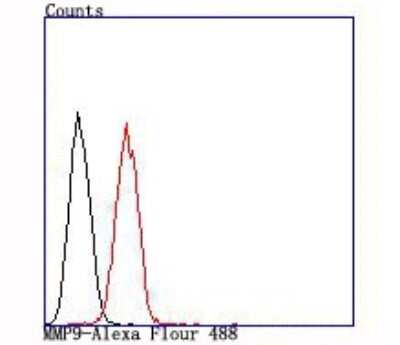 Flow Cytometry: MMP-9 Antibody (JA80-73) [NBP2-66955] - Analysis of A431 cells with MMP9 antibody at 1/100 dilution (red) compared with an unlabelled control (cells without incubation with primary antibody; black).