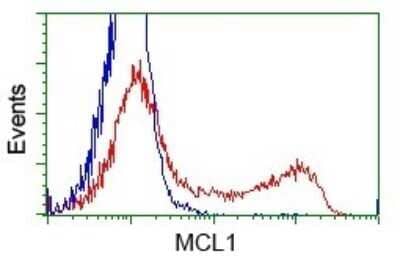 Flow Cytometry: Mcl-1 Antibody (OTI10F6) - Azide and BSA Free [NBP2-72598] - HEK293T cells transfected with either pCMV6-ENTRY MCL1 (Red) or empty vector control plasmid (Blue) were immunostained with anti-MCL1 mouse monoclonal and then analyzed by flow cytometry.